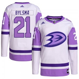 Adult Authentic Anaheim Ducks Dan Bylsma White/Purple Hockey Fights Cancer Primegreen Official Adidas Jersey