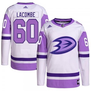 Adult Authentic Anaheim Ducks Jackson LaCombe White/Purple Hockey Fights Cancer Primegreen Official Adidas Jersey