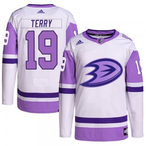 Adult Authentic Anaheim Ducks Troy Terry White/Purple Hockey Fights Cancer Primegreen Official Adidas Jersey