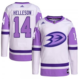 Adult Authentic Anaheim Ducks Drew Helleson White/Purple Hockey Fights Cancer Primegreen Official Adidas Jersey