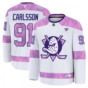 Youth Premium Anaheim Ducks Leo Carlsson White 2024 Hockey Fights Cancer Practice Official Fanatics Jersey