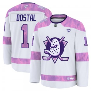Youth Premium Anaheim Ducks Lukas Dostal White 2024 Hockey Fights Cancer Practice Official Fanatics Jersey