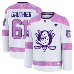 Youth Premium Anaheim Ducks Cutter Gauthier White 2024 Hockey Fights Cancer Practice Official Fanatics Jersey
