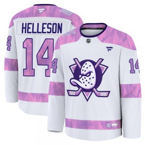 Youth Premium Anaheim Ducks Drew Helleson White 2024 Hockey Fights Cancer Practice Official Fanatics Jersey