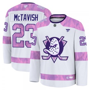 Youth Premium Anaheim Ducks Mason McTavish White 2024 Hockey Fights Cancer Practice Official Fanatics Jersey