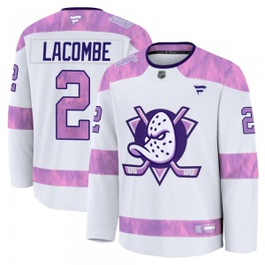 Adult Premium Anaheim Ducks Jackson LaCombe White 2024 Hockey Fights Cancer Practice Official Fanatics Jersey